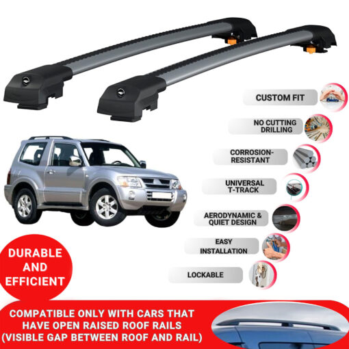 Lockable Roof Bars fit Raised Rails For Mitsubishi Pajero Sport 1996-2008; Heavy Duty Aluminum Roof Rails Cross Bar, Ideal Car Roof Rack Bars for Luggage 2 Pcs Rail Carrier (Grey) - Image 2