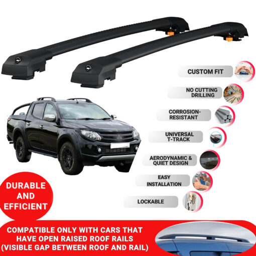 Lockable Roof Bars fit Raised Rails For Mitsubishi Triton 2015-2018; Heavy Duty Aluminum Roof Rails Cross Bar, Ideal Car Roof Rack Bars for Luggage 2 Pcs Rail Carrier (Black) - Image 2