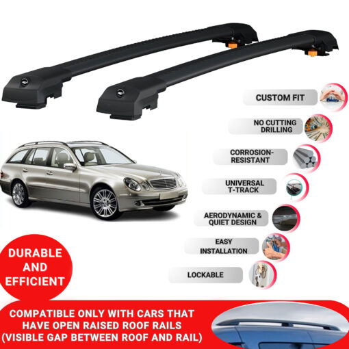 Lockable Roof Bars fit Raised Rails For Mercedes E-Class W211 Wagon/Estate 2004-2009; Heavy Duty Aluminum Roof Rails Cross Bar, Ideal Car Roof Rack Bars for Luggage 2 Pcs Rail Carrier Black - Image 2