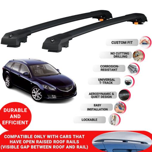 Lockable Roof Bars fit Raised Rails For Mazda 6 Wagon/Estate 2008-2012; Heavy Duty Aluminum Roof Rails Cross Bar, Ideal Car Roof Rack Bars for Luggage 2 Pcs Rail Carrier (Black) - Image 2