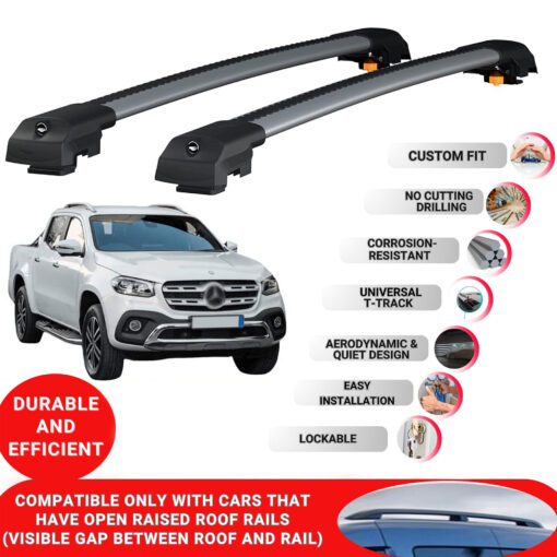 Lockable Roof Bars fit Raised Rails For Mercedes X-Class 2018-2020; Heavy Duty Aluminum Roof Rails Cross Bar, Ideal Car Roof Rack Bars for Luggage 2 Pcs Rail Carrier (Grey) - Image 2