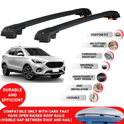 Lockable Roof Bars fit Raised Rails For Mg Zs 2018-2024; Heavy Duty Aluminum Roof Rails Cross Bar, Ideal Car Roof Rack Bars for Luggage 2 Pcs Rail Carrier (Black) - Image 2