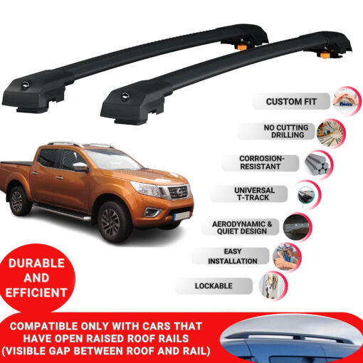 Lockable Roof Bars fit Raised Rails For Nissan Navara 2015-2021; Heavy Duty Aluminum Roof Rails Cross Bar, Ideal Car Roof Rack Bars for Luggage 2 Pcs Rail Carrier (Black) - Image 2