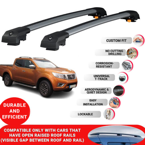 Lockable Roof Bars fit Raised Rails For Nissan Navara 2015-2021; Heavy Duty Aluminum Roof Rails Cross Bar, Ideal Car Roof Rack Bars for Luggage 2 Pcs Rail Carrier (Grey) - Image 2