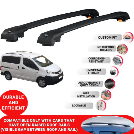 Lockable Roof Bars fit Raised Rails For Nissan NV250 2007-2019; Heavy Duty Aluminum Roof Rails Cross Bar, Ideal Car Roof Rack Bars for Luggage 2 Pcs Rail Carrier (Black) - Image 2