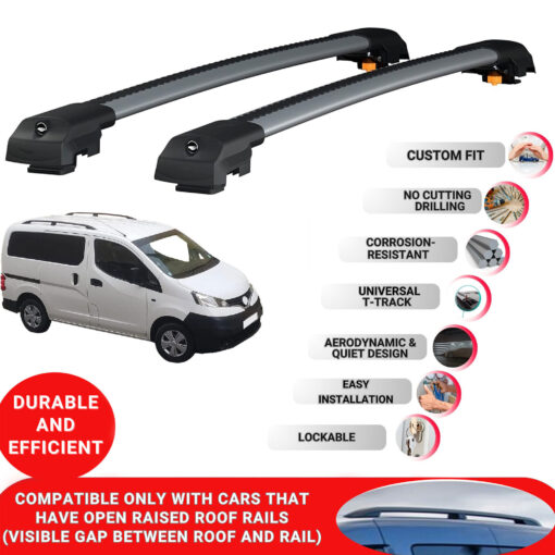 Lockable Roof Bars fit Raised Rails For Nissan NV250 2007-2019; Heavy Duty Aluminum Roof Rails Cross Bar, Ideal Car Roof Rack Bars for Luggage 2 Pcs Rail Carrier (Grey) - Image 2