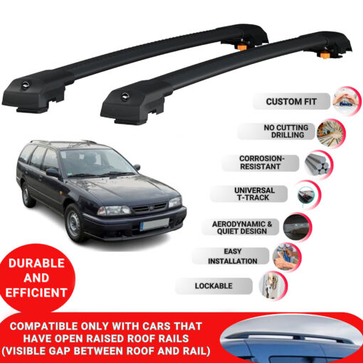 Lockable Roof Bars fit Raised Rails For Nissan Primera Wagon/Estate 1991-1997; Heavy Duty Aluminum Roof Rails Cross Bar, Ideal Car Roof Rack Bars for Luggage 2 Pcs Rail Carrier (Black) - Image 2