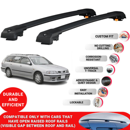 Lockable Roof Bars fit Raised Rails For Nissan Primera Wagon/Estate 1998-2001; Heavy Duty Aluminum Roof Rails Cross Bar, Ideal Car Roof Rack Bars for Luggage 2 Pcs Rail Carrier (Black) - Image 2