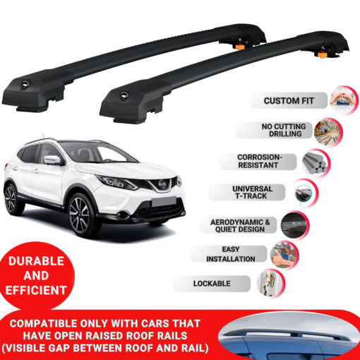 Lockable Roof Bars fit Raised Rails For Nissan Qashqai 2 (J11) 2014-2017; Heavy Duty Aluminum Roof Rails Cross Bar, Ideal Car Roof Rack Bars for Luggage 2 Pcs Rail Carrier (Black) - Image 2