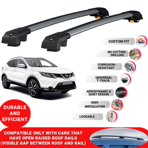 Lockable Roof Bars fit Raised Rails For Nissan Qashqai 2 (J11) 2014-2017; Heavy Duty Aluminum Roof Rails Cross Bar, Ideal Car Roof Rack Bars for Luggage 2 Pcs Rail Carrier (Grey) - Image 2