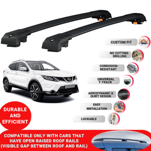 Lockable Roof Bars fit Raised Rails For Nissan Qashqai (J11) 2014-2020; Heavy Duty Aluminum Roof Rails Cross Bar, Ideal Car Roof Rack Bars for Luggage 2 Pcs Rail Carrier (Black) - Image 2