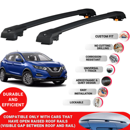 Lockable Roof Bars fit Raised Rails For Nissan Qashqai 2021 2024; Heavy Duty Aluminum Roof Rails Cross Bar, Ideal Car Roof Rack Bars for Luggage 2 Pcs Rail Carrier (Black) - Image 2