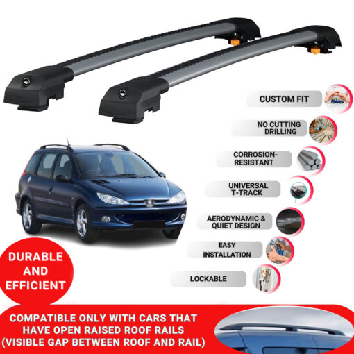 Lockable Roof Bars fit Raised Rails For Peugeot 206 Sw 2002-2008; Heavy Duty Aluminum Roof Rails Cross Bar, Ideal Car Roof Rack Bars for Luggage 2 Pcs Rail Carrier (Grey) - Image 2