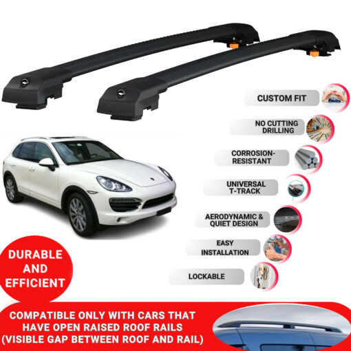 Lockable Roof Bars fit Raised Rails For Porsche Cayenne (92A-E2) 2011-2018; Heavy Duty Aluminum Roof Rails Cross Bar, Ideal Car Roof Rack Bars for Luggage 2 Pcs Rail Carrier (Black) - Image 2