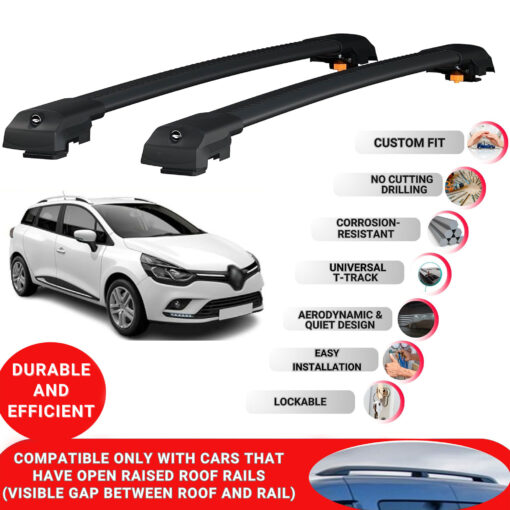 Lockable Roof Bars fit Raised Rails For Renault Clio Sporttourer 2013-2020; Heavy Duty Aluminum Roof Rails Cross Bar, Ideal Car Roof Rack Bars for Luggage 2 Pcs Rail Carrier (Black) - Image 2