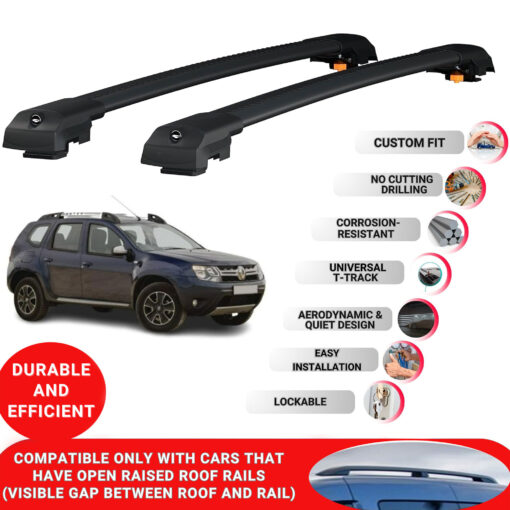 Lockable Roof Bars fit Raised Rails For Renault Duster (Hs) 2014-2017; Heavy Duty Aluminum Roof Rails Cross Bar, Ideal Car Roof Rack Bars for Luggage 2 Pcs Rail Carrier (Black) - Image 2