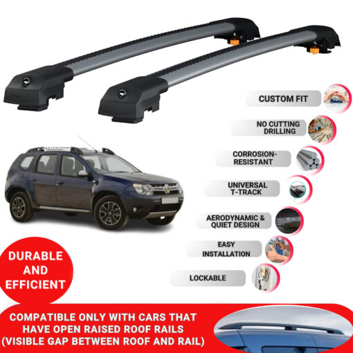 Lockable Roof Bars fit Raised Rails For Renault Duster (Hs) 2014-2017; Heavy Duty Aluminum Roof Rails Cross Bar, Ideal Car Roof Rack Bars for Luggage 2 Pcs Rail Carrier (Grey) - Image 2