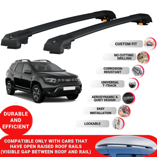 Lockable Roof Bars fit Raised Rails For Renault Duster (Hm) 2018-2023; Heavy Duty Aluminum Roof Rails Cross Bar, Ideal Car Roof Rack Bars for Luggage 2 Pcs Rail Carrier (Black) - Image 2