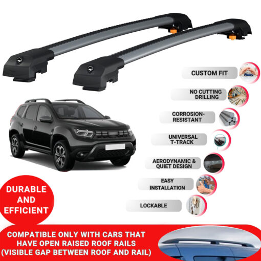 Lockable Roof Bars fit Raised Rails For Renault Duster (Hm) 2018-2023; Heavy Duty Aluminum Roof Rails Cross Bar, Ideal Car Roof Rack Bars for Luggage 2 Pcs Rail Carrier (Grey) - Image 2
