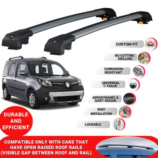 Lockable Roof Bars fit Raised Rails For Renault Kangoo 2007-2019; Heavy Duty Aluminum Roof Rails Cross Bar, Ideal Car Roof Rack Bars for Luggage 2 Pcs Rail Carrier (Grey) - Image 2