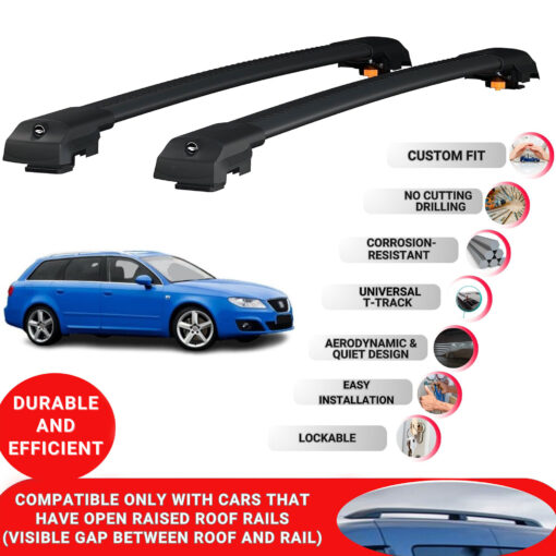 Lockable Roof Bars fit Raised Rails For Seat Exeo 3R9 2009-2013; Heavy Duty Aluminum Roof Rails Cross Bar, Ideal Car Roof Rack Bars for Luggage 2 Pcs Rail Carrier (Black) - Image 2