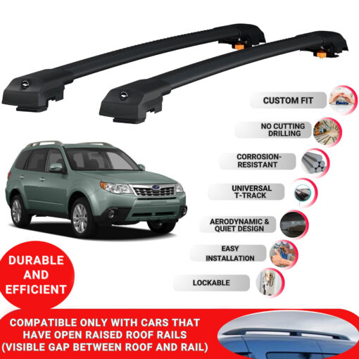 Lockable Roof Bars fit Raised Rails For Subaru Forester 2008-2012; Heavy Duty Aluminum Roof Rails Cross Bar, Ideal Car Roof Rack Bars for Luggage 2 Pcs Rail Carrier (Black) - Image 2