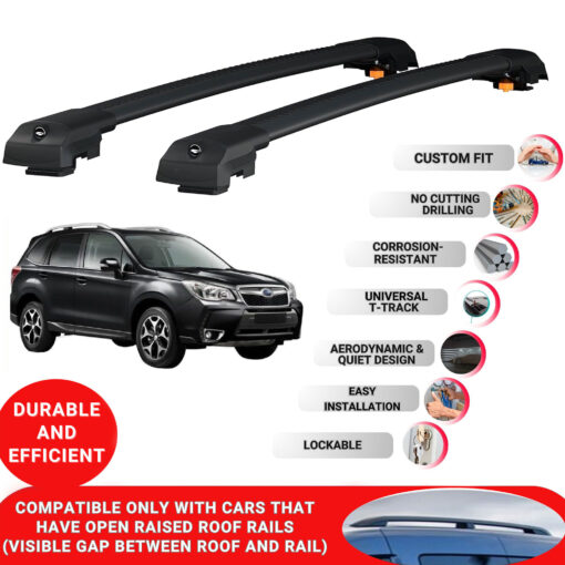 Lockable Roof Bars fit Raised Rails For Subaru Forester 2013-2018; Heavy Duty Aluminum Roof Rails Cross Bar, Ideal Car Roof Rack Bars for Luggage 2 Pcs Rail Carrier (Black) - Image 2