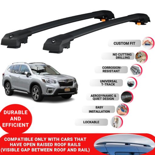 Lockable Roof Bars fit Raised Rails For Subaru Forester 2019-2024; Heavy Duty Aluminum Roof Rails Cross Bar, Ideal Car Roof Rack Bars for Luggage 2 Pcs Rail Carrier (Black) - Image 2