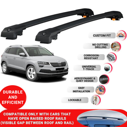 Lockable Roof Bars fit Raised Rails For Skoda Karoq 2017-2024; Heavy Duty Aluminum Roof Rails Cross Bar, Ideal Car Roof Rack Bars for Luggage 2 Pcs Rail Carrier (Black) - Image 2