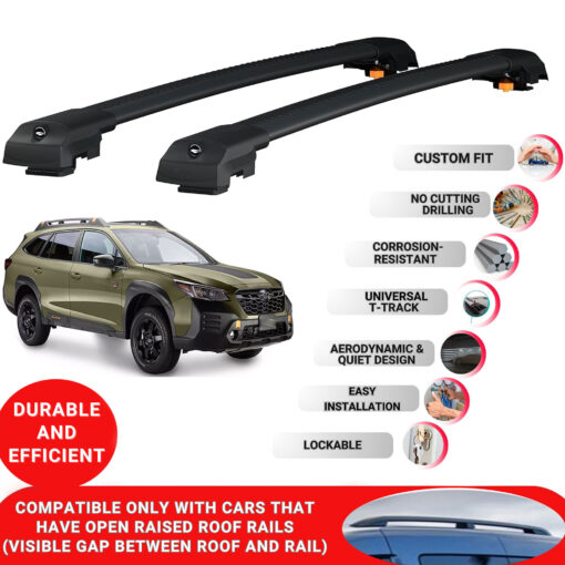 Lockable Roof Bars fit Raised Rails For Subaru Outback Wilderness 2021-2024; Heavy Duty Aluminum Roof Rails Cross Bar, Ideal Car Roof Rack Bars for Luggage 2 Pcs Rail Carrier (Black) - Image 2