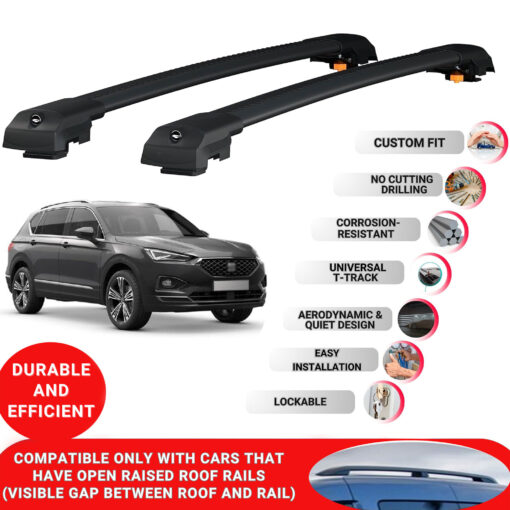 Lockable Roof Bars fit Raised Rails For Seat Tarraco 2019-2024; Heavy Duty Aluminum Roof Rails Cross Bar, Ideal Car Roof Rack Bars for Luggage 2 Pcs Rail Carrier (Black) - Image 2