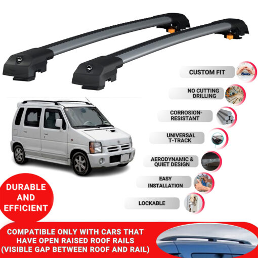 Lockable Roof Bars fit Raised Rails For Suzuki Wagon/Estate R+ 1998-2003; Heavy Duty Aluminum Roof Rails Cross Bar, Ideal Car Roof Rack Bars for Luggage 2 Pcs Rail Carrier (Grey) - Image 2