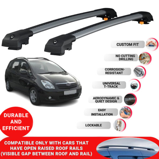 Lockable Roof Bars fit Raised Rails For Toyota Corolla Spacio (E120) 2001-2007; Heavy Duty Aluminum Roof Rails Cross Bar, Ideal Car Roof Rack Bars for Luggage 2 Pcs Rail Carrier (Grey) - Image 2