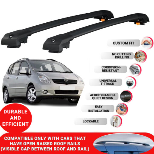 Lockable Roof Bars fit Raised Rails For Toyota Corolla Verso (AR10) 2002-2003; Heavy Duty Aluminum Roof Rails Cross Bar, Ideal Car Roof Rack Bars for Luggage 2 Pcs Rail Carrier (Black) - Image 2