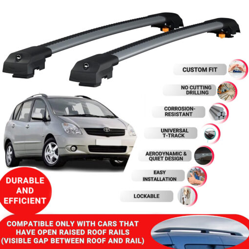Lockable Roof Bars fit Raised Rails For Toyota Corolla Verso (AR10) 2002-2003; Heavy Duty Aluminum Roof Rails Cross Bar, Ideal Car Roof Rack Bars for Luggage 2 Pcs Rail Carrier (Grey) - Image 2