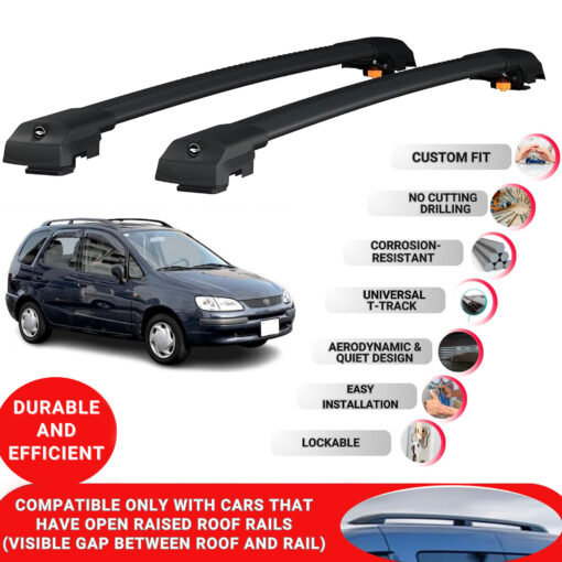 Lockable Roof Bars fit Raised Rails For Toyota Corolla Spacio (E110) 1997-2000; Heavy Duty Aluminum Roof Rails Cross Bar, Ideal Car Roof Rack Bars for Luggage 2 Pcs Rail Carrier (Black) - Image 2