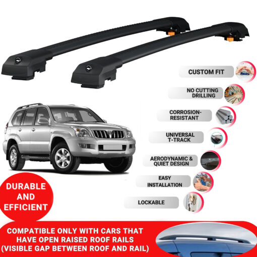 Lockable Roof Bars fit Raised Rails For Toyota Land Cruiser Prado 2002-2009; Heavy Duty Aluminum Roof Rails Cross Bar, Ideal Car Roof Rack Bars for Luggage 2 Pcs Rail Carrier (Black) - Image 2