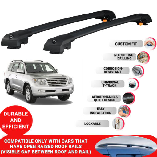 Lockable Roof Bars fit Raised Rails For Toyota Land Cruiser (J200) 2008-2021; Heavy Duty Aluminum Roof Rails Cross Bar, Ideal Car Roof Rack Bars for Luggage 2 Pcs Rail Carrier (Black) - Image 2