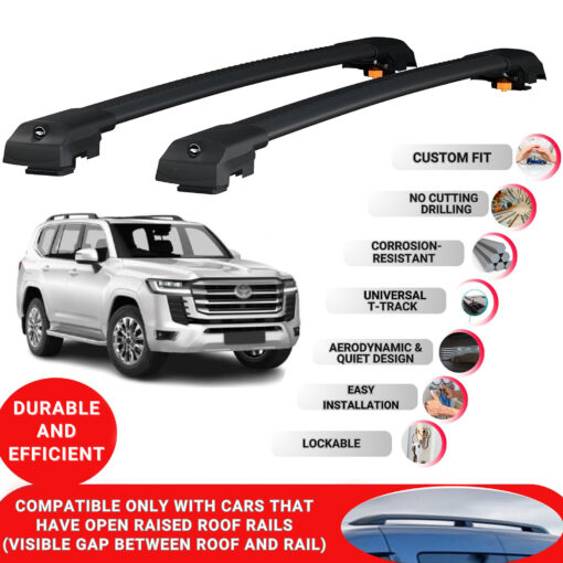 Lockable Roof Bars fit Raised Rails For Toyota Land Cruiser (J300) 2022-Onwards; Heavy Duty Aluminum Roof Rails Cross Bar, Ideal Car Roof Rack Bars for Luggage 2 Pcs Rail Carrier (Black) - Image 2