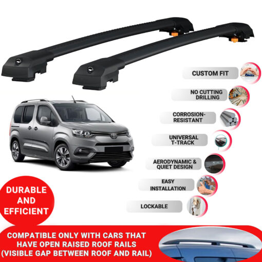 Lockable Roof Bars fit Raised Rails For Toyota Proace City 2019-2022; Heavy Duty Aluminum Roof Rails Cross Bar, Ideal Car Roof Rack Bars for Luggage 2 Pcs Rail Carrier (Black) - Image 2