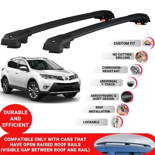 Lockable Roof Bars fit Raised Rails For Toyota Rav4 2014-2018; Heavy Duty Aluminum Roof Rails Cross Bar, Ideal Car Roof Rack Bars for Luggage 2 Pcs Rail Carrier (Black) - Image 2