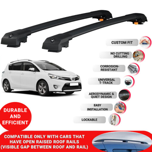 Lockable Roof Bars fit Raised Rails For Toyota Verso 2009-2018; Heavy Duty Aluminum Roof Rails Cross Bar, Ideal Car Roof Rack Bars for Luggage 2 Pcs Rail Carrier (Black) - Image 2