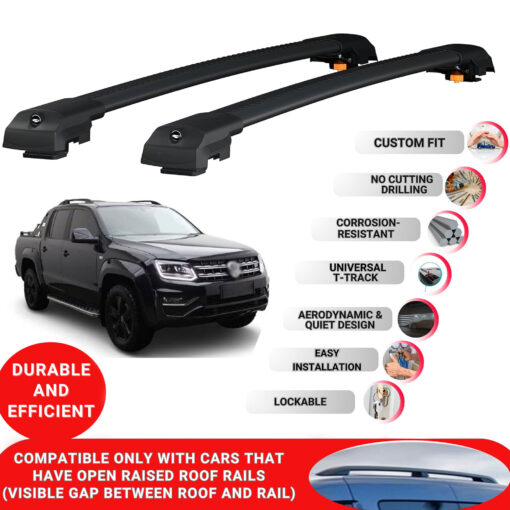 Lockable Roof Bars fit Raised Rails For Vw Amarok 2010-2020; Heavy Duty Aluminum Roof Rails Cross Bar, Ideal Car Roof Rack Bars for Luggage 2 Pcs Rail Carrier (Black) - Image 2