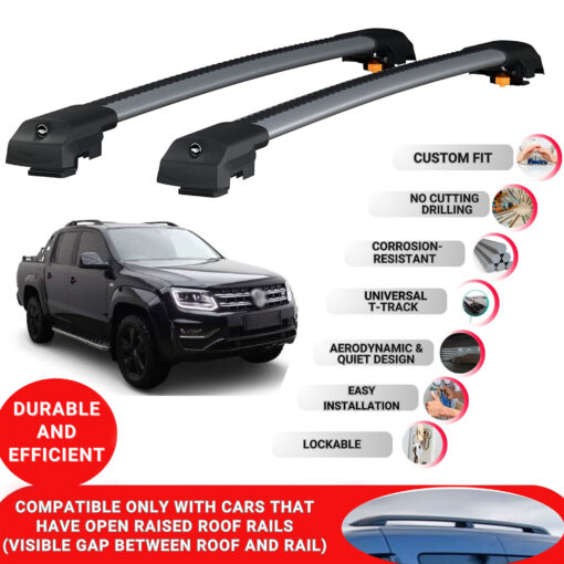 Lockable Roof Bars fit Raised Rails For Vw Amarok 2010-2020; Heavy Duty Aluminum Roof Rails Cross Bar, Ideal Car Roof Rack Bars for Luggage 2 Pcs Rail Carrier (Grey) - Image 2