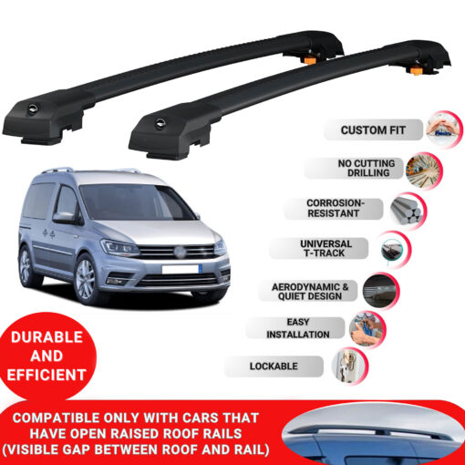 Lockable Roof Bars fit Raised Rails For Vw Caddy 2003-2019; Heavy Duty Aluminum Roof Rails Cross Bar, Ideal Car Roof Rack Bars for Luggage 2 Pcs Rail Carrier (Black) - Image 2