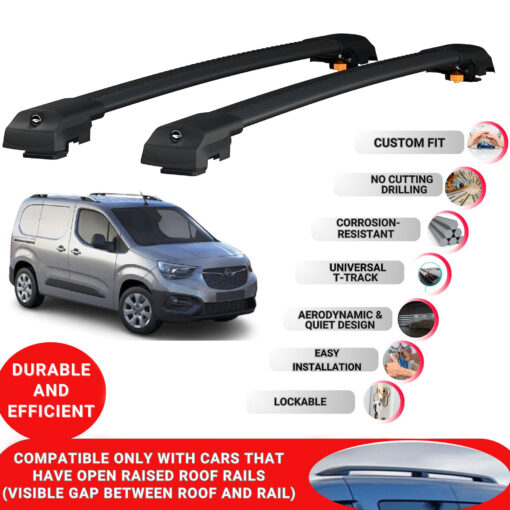 Lockable Roof Bars fit Raised Rails For Vauxhall Combo E 2019-2022; Heavy Duty Aluminum Roof Rails Cross Bar, Ideal Car Roof Rack Bars for Luggage 2 Pcs Rail Carrier (Black) - Image 2