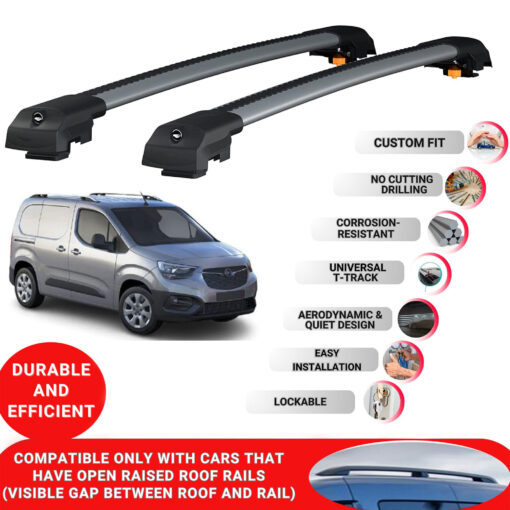 Lockable Roof Bars fit Raised Rails For Vauxhall Combo E 2019-2022; Heavy Duty Aluminum Roof Rails Cross Bar, Ideal Car Roof Rack Bars for Luggage 2 Pcs Rail Carrier (Grey) - Image 2