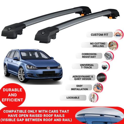 Lockable Roof Bars fit Raised Rails For Vw Golf 7 Variant Vagon 2012-2019; Heavy Duty Aluminum Roof Rails Cross Bar, Ideal Car Roof Rack Bars for Luggage 2 Pcs Rail Carrier (Grey) - Image 2