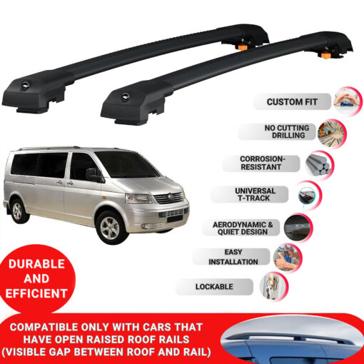 Lockable Roof Bars fit Raised Rails For Vw T5 Transporter 2003-2015; Heavy Duty Aluminum Roof Rails Cross Bar, Ideal Car Roof Rack Bars for Luggage 2 Pcs Rail Carrier (Black) - Image 2