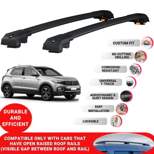 Lockable Roof Bars fit Raised Rails For Vw T-Cross 2019-2024; Heavy Duty Aluminum Roof Rails Cross Bar, Ideal Car Roof Rack Bars for Luggage 2 Pcs Rail Carrier (Black) - Image 2